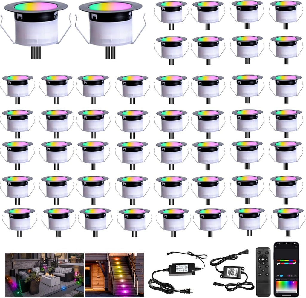 FVTLED Recessed LED Deck Lights Kit, Φ1.77 Low Voltage WiFi Pixel RGBW+IC Deck Lighting Work with Alexa/Google Home, IP67 Waterproof Outdoor Step Lights DC12V for Garden,Steps,Stair(50 Pack, Black)