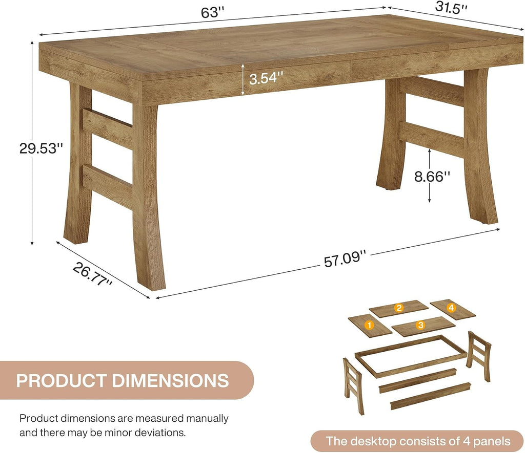 Tribesigns 63-Inch Dining Table for 4-6 People, Farmhouse Rectangular Large Kitchen Dinner Eating Table with Sturdy Legs for Home Kitchen, Dining Room, Light Brown