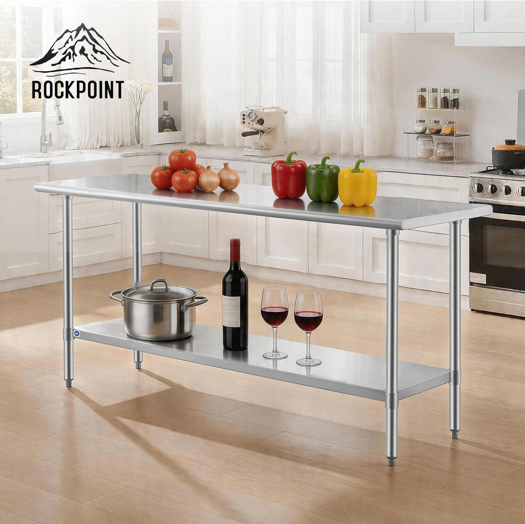 ROCKPOINT SS304 Top All Stainless Steel Table for Prep & Work 24x72 Inches, NSF Commercial Kitchen Heavy Duty Table with Adjustable Undershelf for Restaurant,Kitchen, Home and Hotel