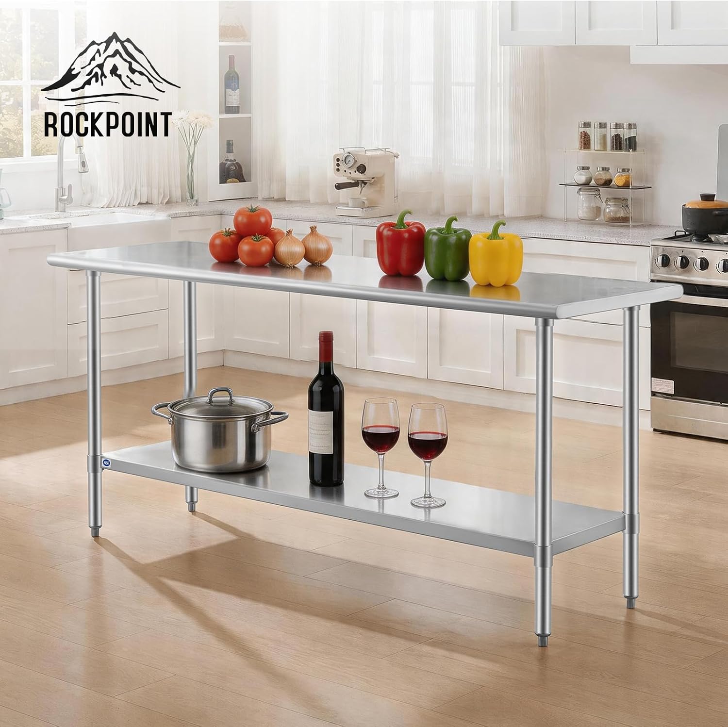 ROCKPOINT SS304 Top All Stainless Steel Table for Prep & Work 24x72 Inches, NSF Commercial Kitchen Heavy Duty Table with Adjustable Undershelf for Restaurant,Kitchen, Home and Hotel