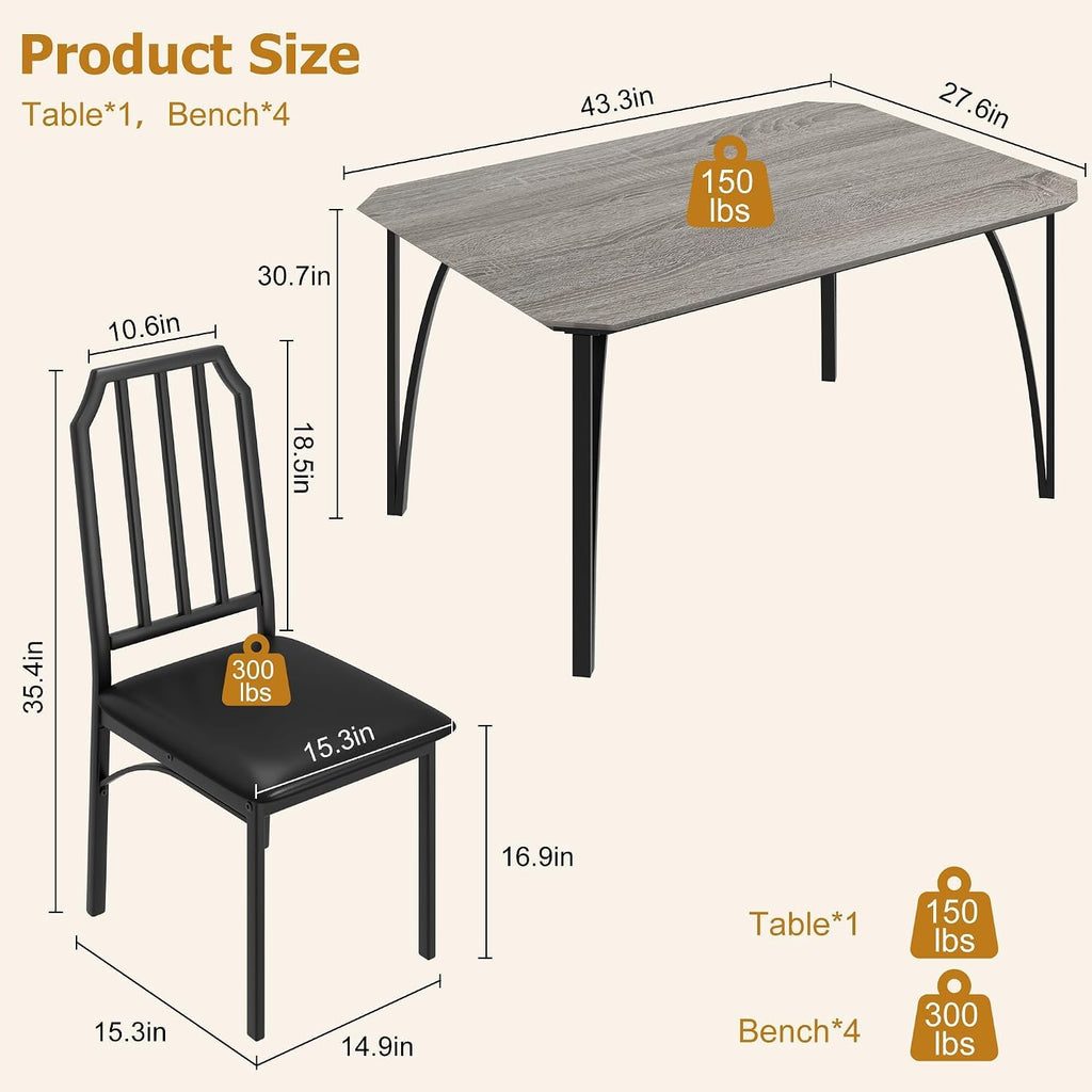 IDEALHOUSE Dining Table Set for 4, Kitchen Table Set of 4 with Upholstered Cushion Chairs, Dining Room Table Set with Kitchen Chairs, Easy to Assemble, Suitable for Apartment - (Cloud Gray)