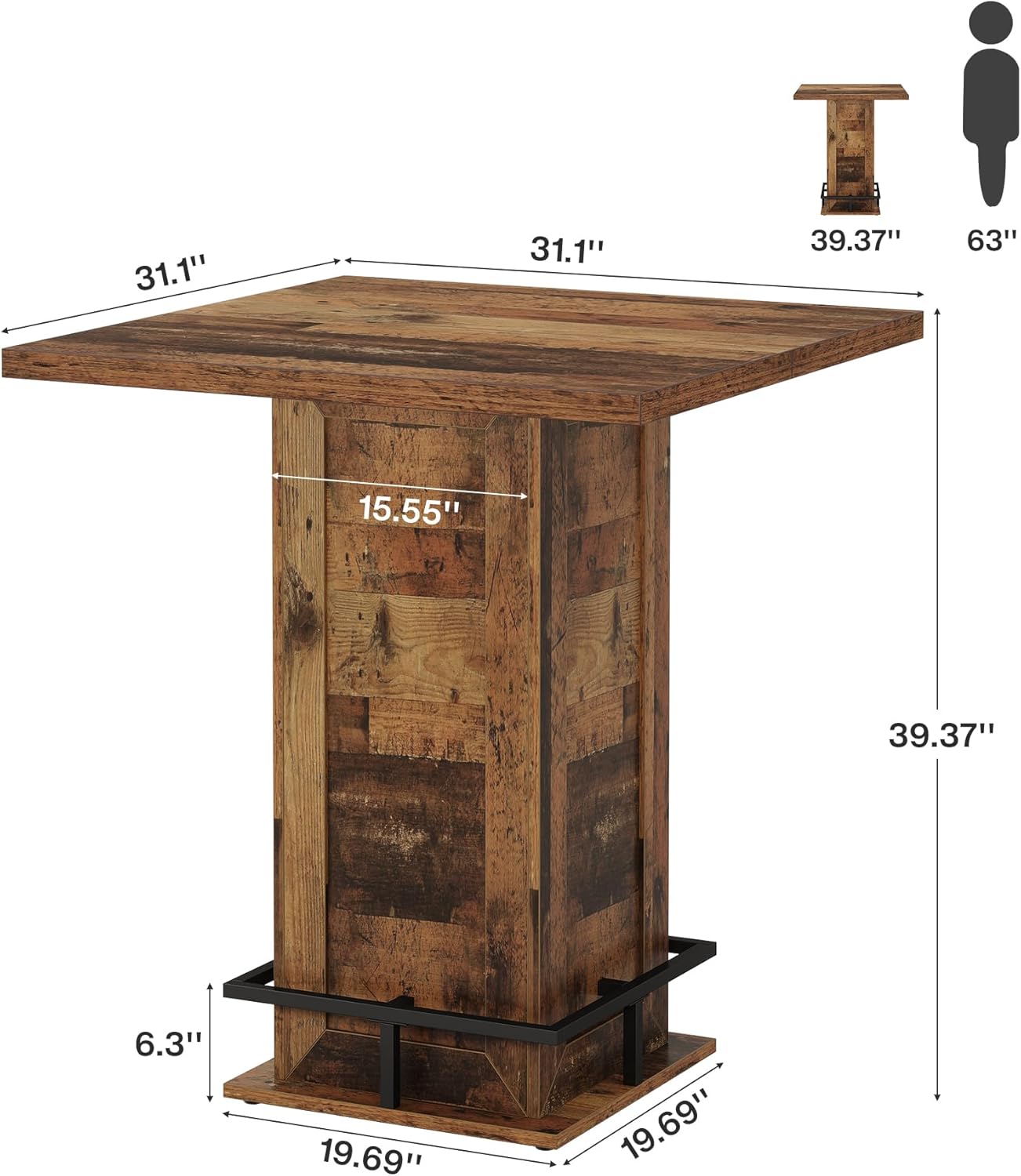 Tribesigns 39.4' H Square Bar Table, Industrial High Top Bistro Pub Cocktail Table with Metal Footrest for Kitchen Nook, Home Bar, Small Bars, Dark Brown (Table Only)