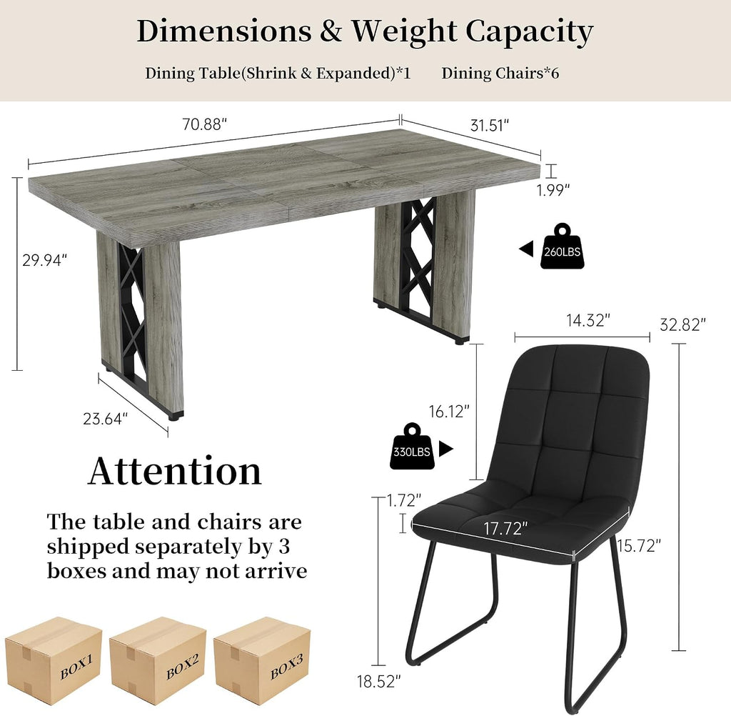HIPIHOM 7-Piece Dining Table Set for 6 People, 70.8' MDF Kitchen Table with 6 Upholstered Chairs, Space-Saving for Dining Room, Breakfast Nook(Grey Table+6 U-Shaped Black Chairs)