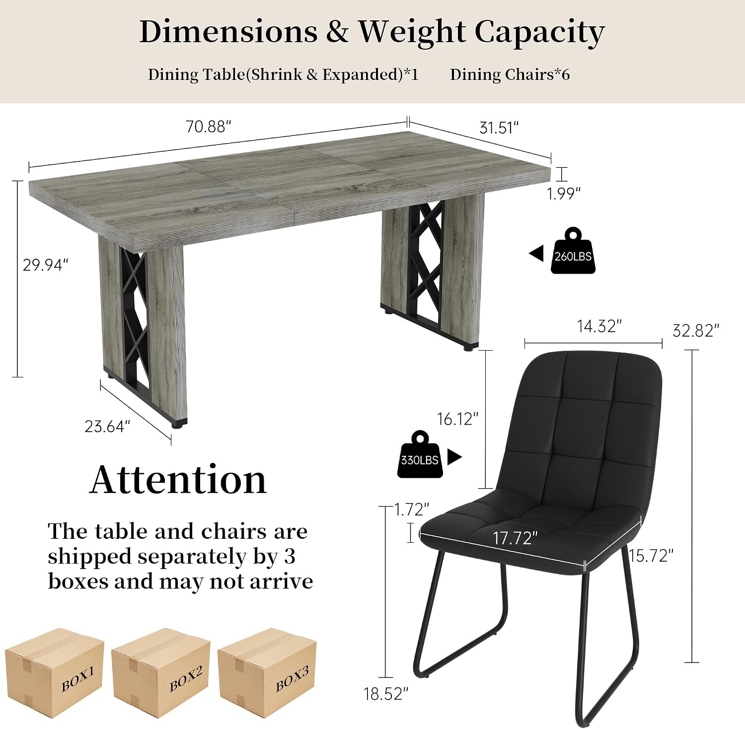 HIPIHOM 7-Piece Dining Table Set for 6 People, 70.8' MDF Kitchen Table with 6 Upholstered Chairs, Space-Saving for Dining Room, Breakfast Nook(Grey Table+6 U-Shaped Black Chairs)