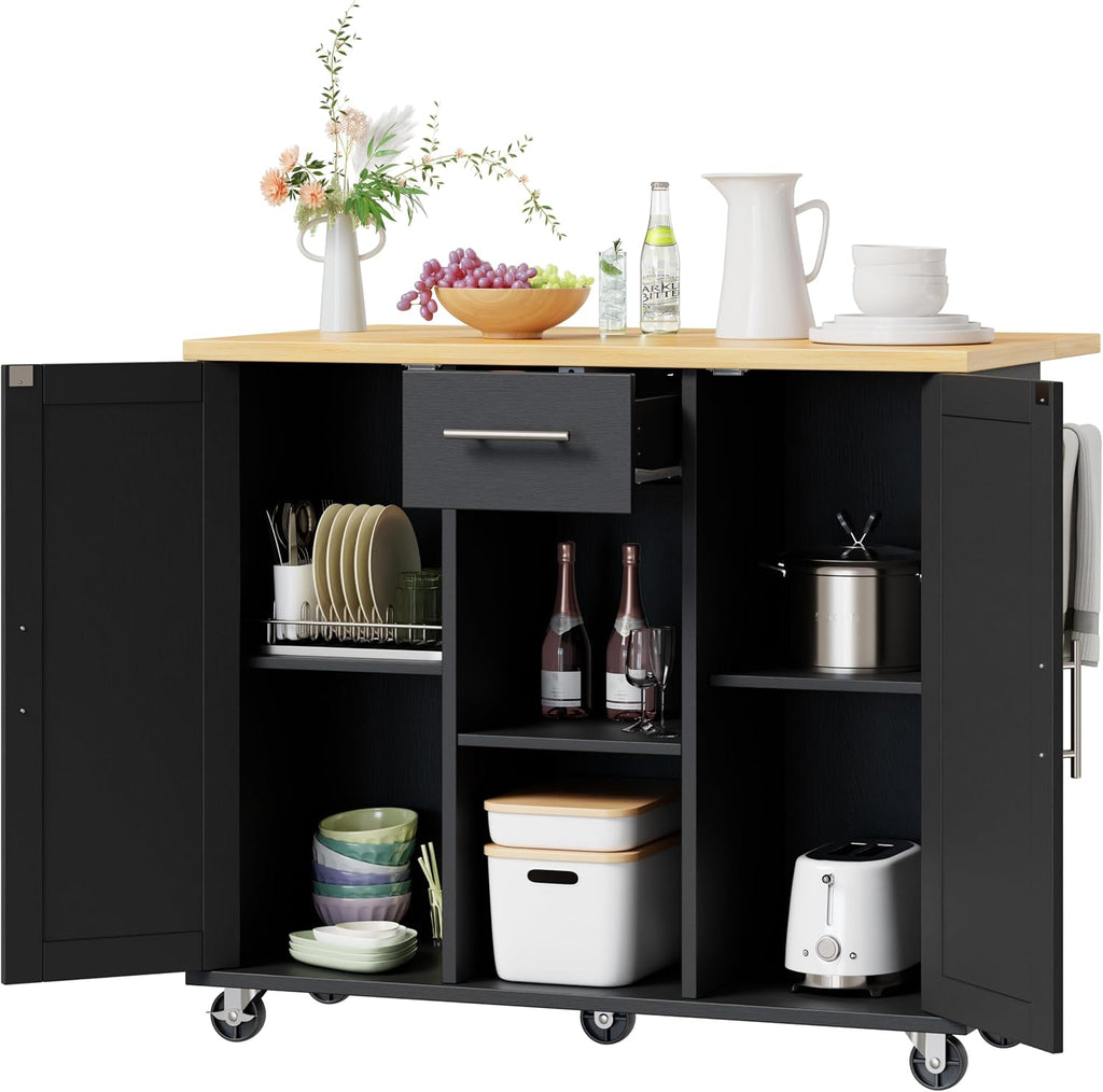 Shintenchi Kitchen Island with Storage, Bar Cart Cabinet Island Table on Wheels, Rolling Microwave Cart for Kitchen with Drop Leaf, Drawers, Towel Rack, Seating Area for Dining Room, Black