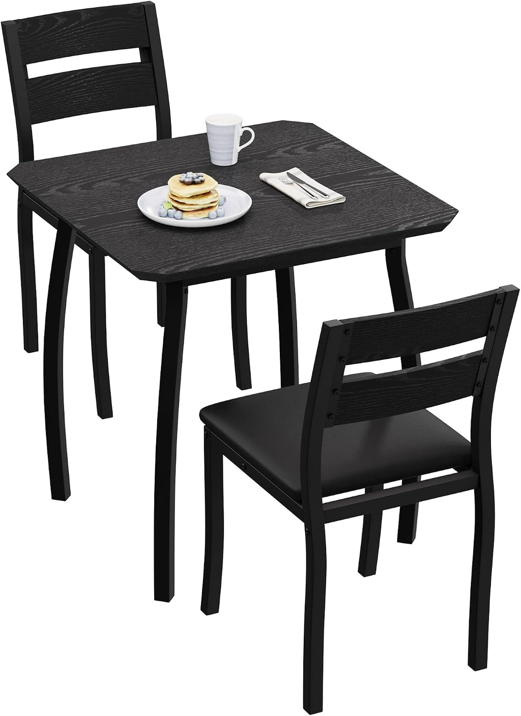 Garvee 3 Piece Dining Table Set for 2, Small Kitchen Table with Metal Frame & Wood Tabletop, Includes 2 Upholstered Chairs, for Apartment, Home Kitchen, Black