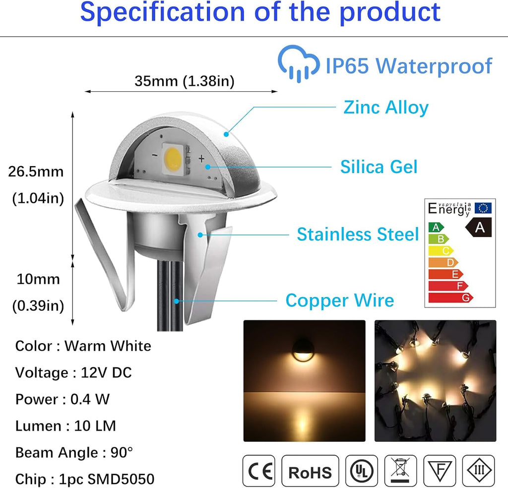 LED Outdoor Deck Lights Kits, Φ1.38in Warm White 20 Pack Silver, Low Voltage 12 Volt DC IP65 Waterproof, Electric Wired Recessed Stair Step Riser Mini Under Landscape Lighting for Yard Floor