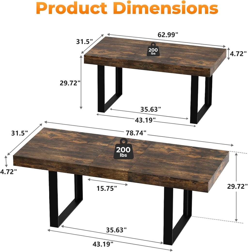Zevemomo 63'-78.7' Rectangular Extendable Dining Table, 6-8 Extendable Dining Table, Conference Table, Kitchen Table with Slide Track, Tapered U-Shaped Wood Legs for Office, Living Room-Rustic Brown