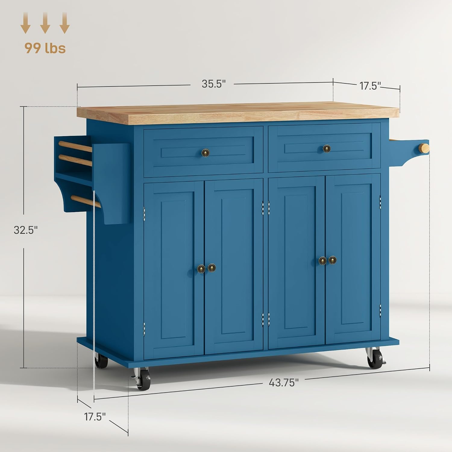 HOMCOM Kitchen Island Cart with Solid Wood Top, 44' Mobile Kitchen Island Table on Wheels with Storage Cabinets, 2 Drawers, Adjustable Shelves, Spice Rack & Towel Bar for Dining Room, Turquoise
