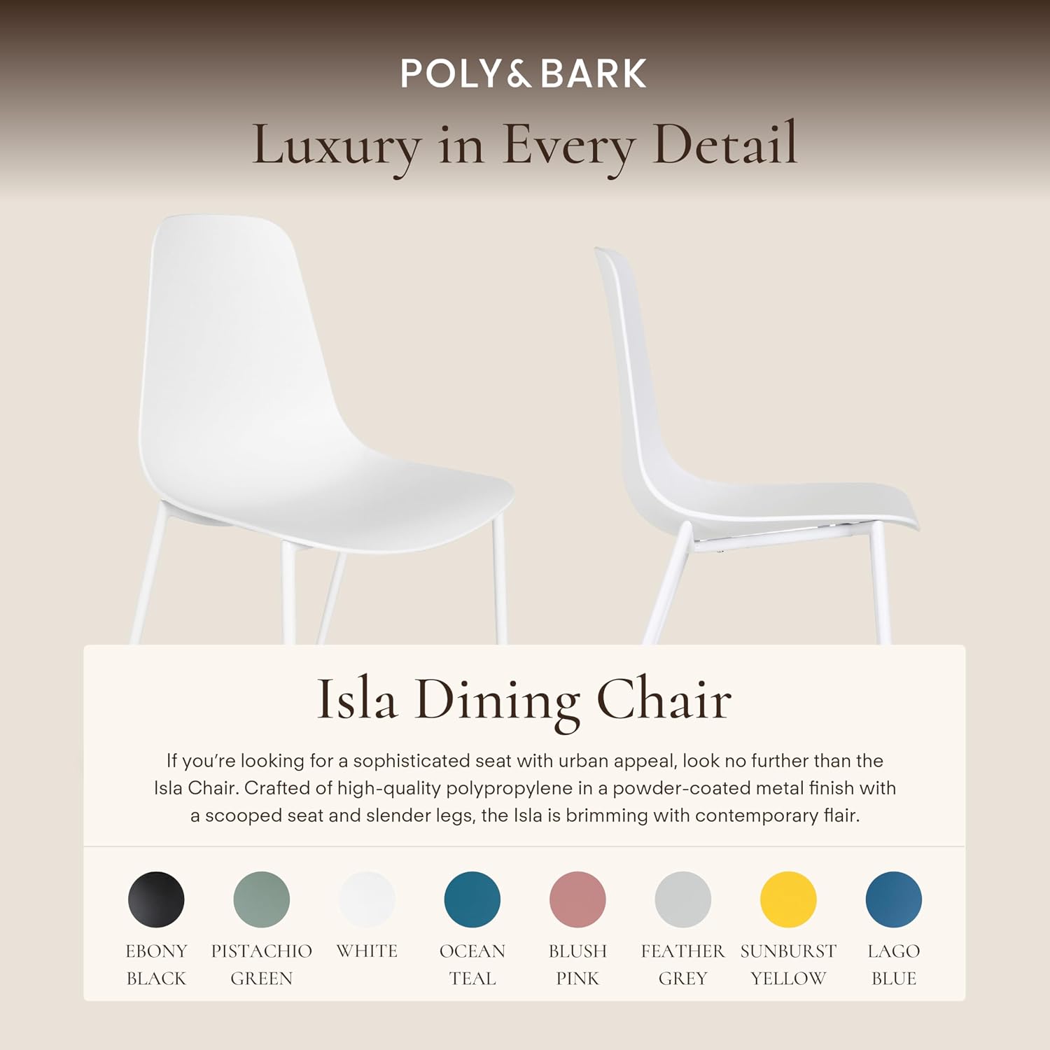 POLY & BARK Isla Modern Dining Chairs Set of 4 – Mid Century Modern Plastic Dining Chair with Metal Legs – Kitchen & Dining Room Chairs – Indoor/Outdoor – White