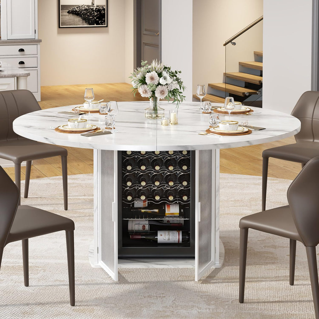 IBF 47' Round Dining Table with Storage, White Faux Marble Kitchen Tables for 4-6 People, Modern Dining Room Table with Fridge Space, Wood Circle Dinner Tables for Home, White Marble, Only Table