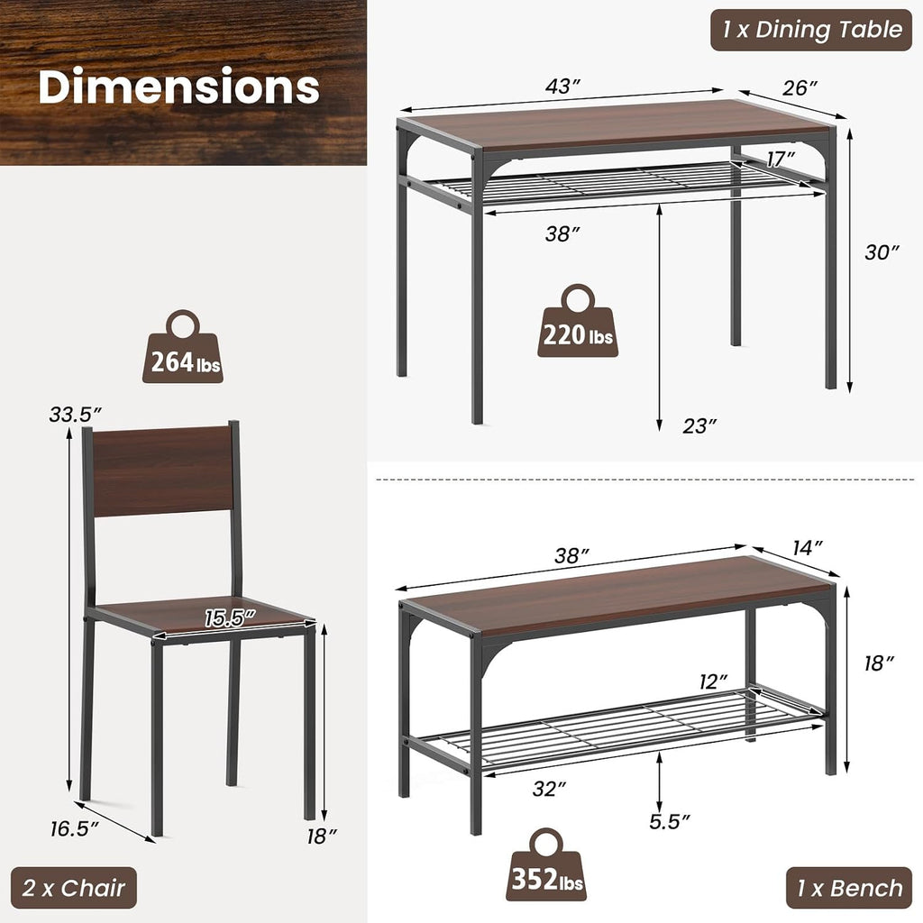 Giantex Dining Table Set for 4, Kitchen Table with Chairs & Bench, Storage Racks, Metal Frame, 4-Piece Space-Saving Dinette Set for Dining Room, Breakfast Nook, Small Space, Apartment, Walnut