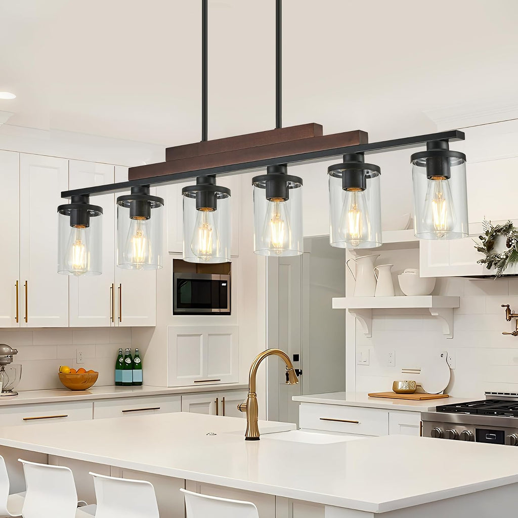 Farmhouse Chandelier 6-Light Dining Room Light Fixture Over Table Kitchen Island Lighting Rustic Chandeliers for Dining Light with Glass Shade Wood Pendant Lights Kitchen Island