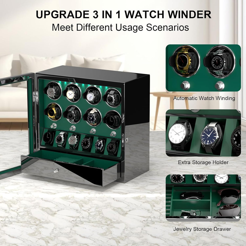 DUKWIN Watch Winder for 4/6/8 Automatic Watches, Lockable Winders with Watch Holders and Jewelry Storage, Super Quiet Motor with High-Gloss Finish, Built-in Illumination