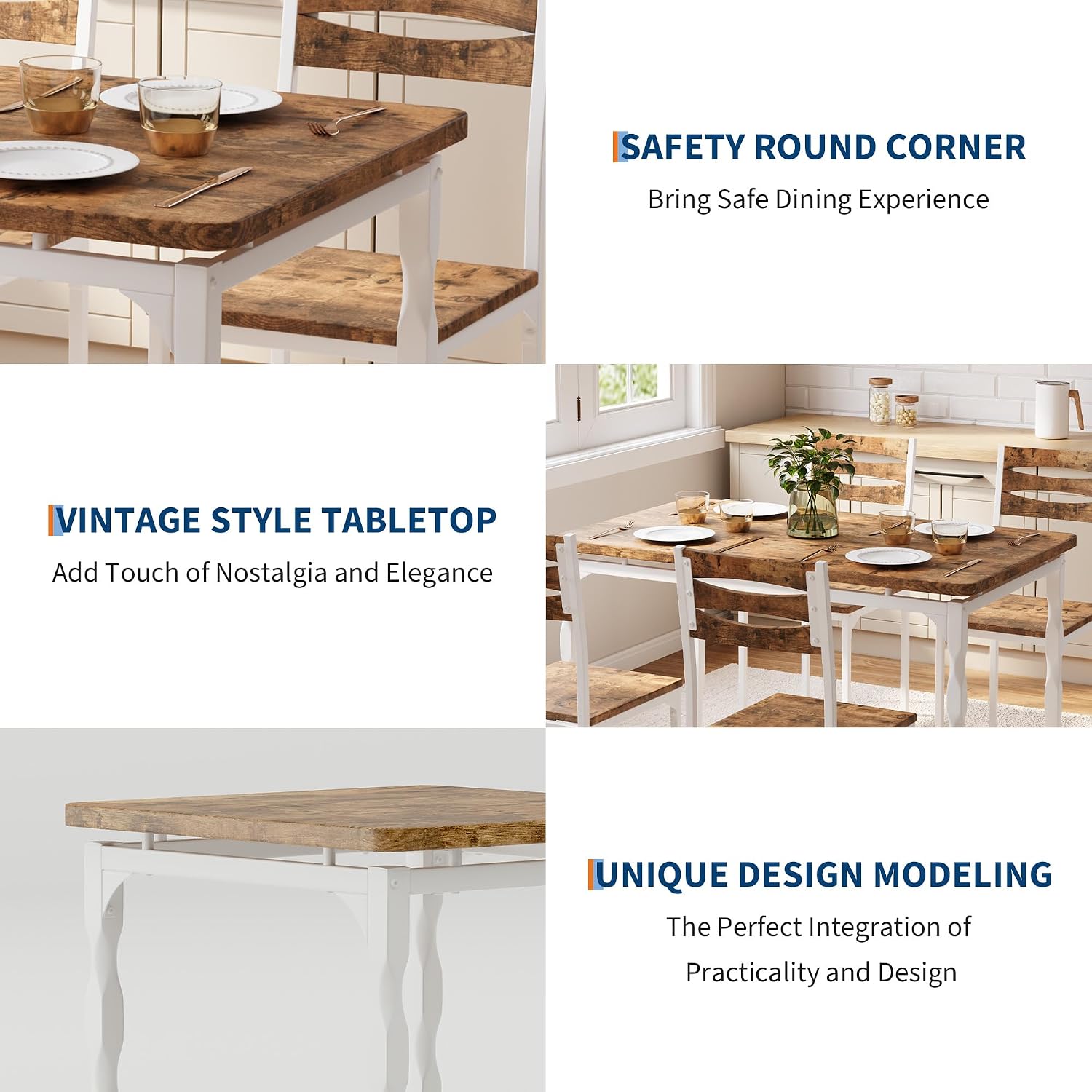 Garvee 5 Piecs Dining Table Set, Farmhouse Style Dining Table and Chairs Set for 4, Dining Set for Dining Room Kitchen Apartment, White & Brwon