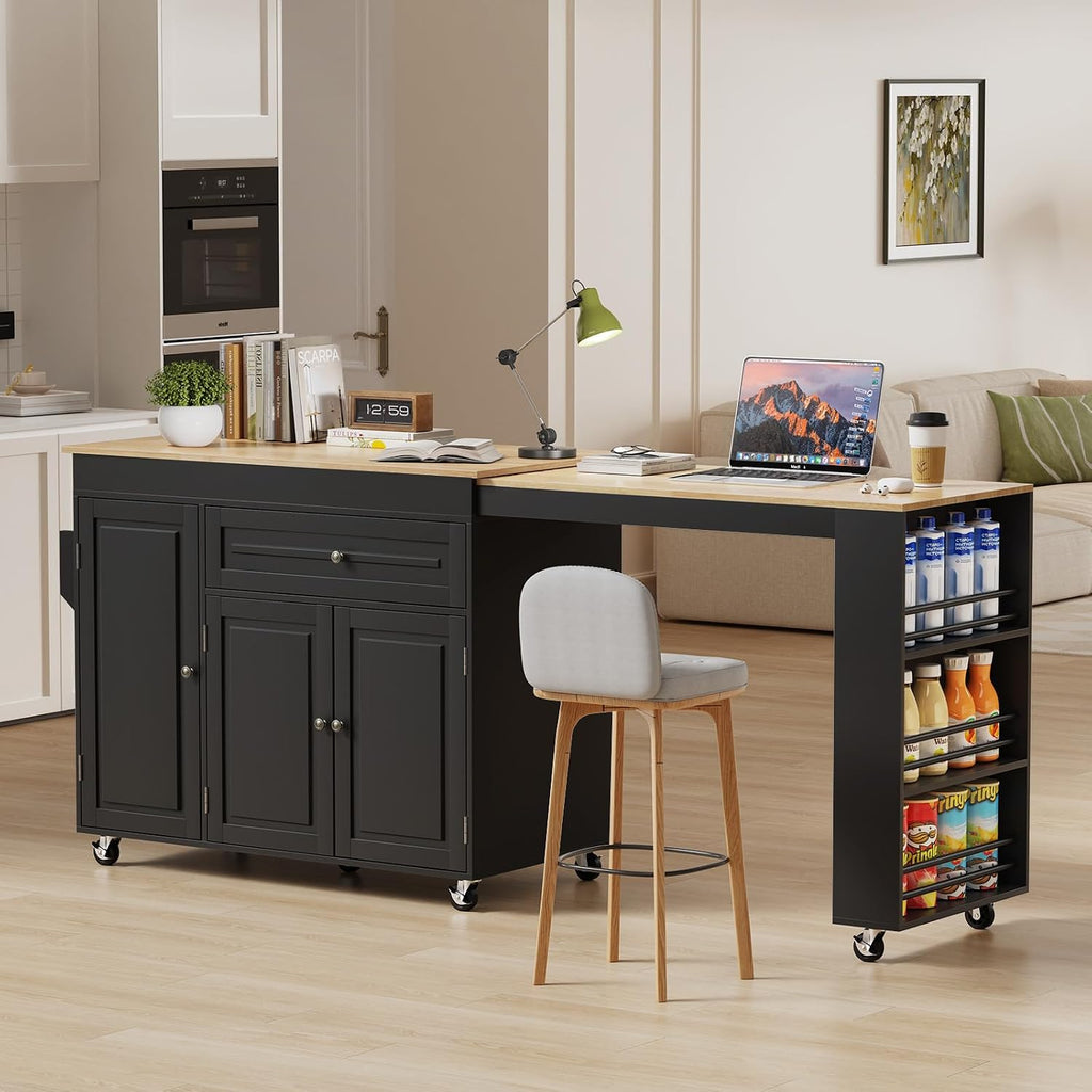 83' Expandable Kitchen Island on Wheels with Storage & Dining Table, Mobile Kitchen Cart with Cabinet, 3 Shelves & Drawers, Black (Extends from 48.4' to 82.6') (Black)