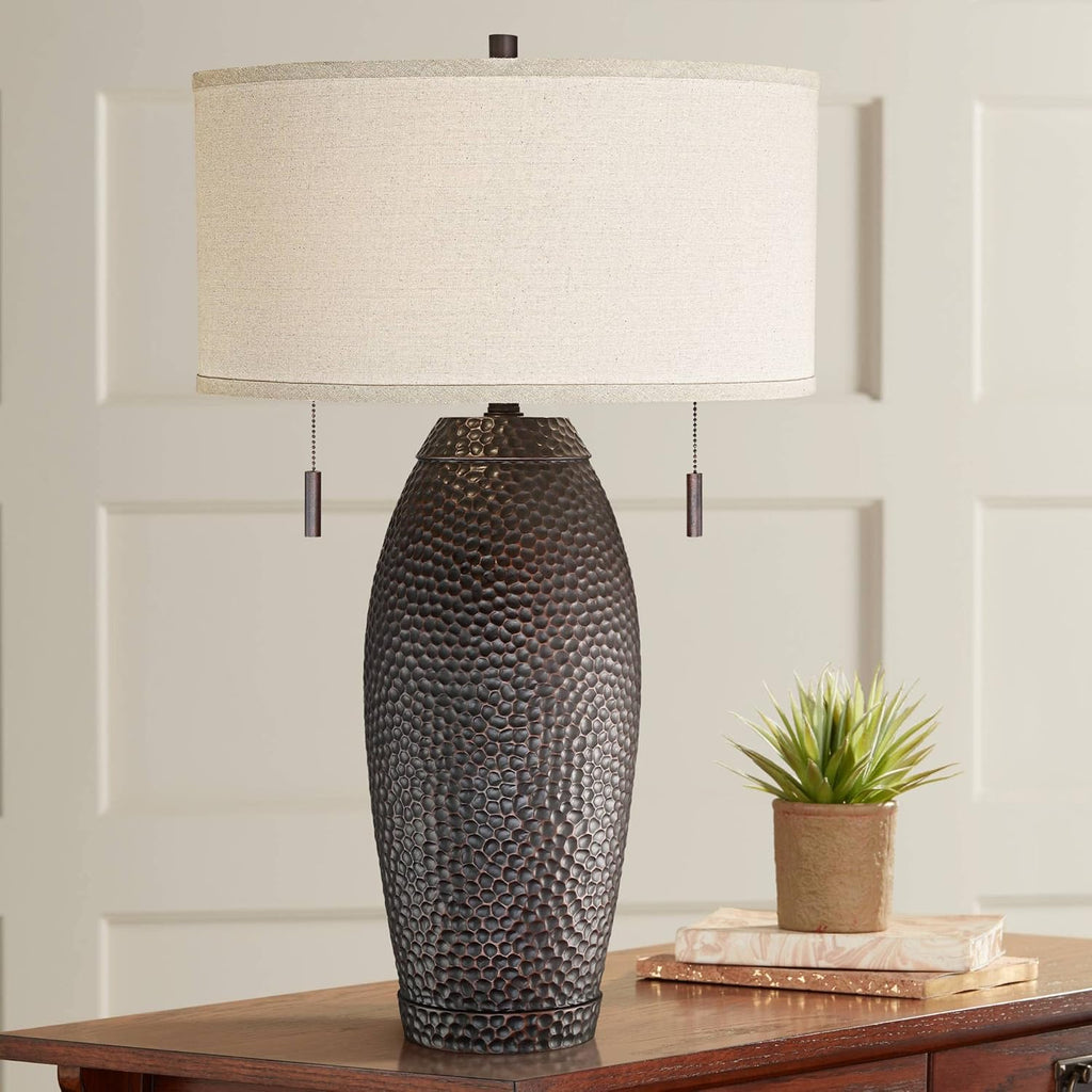Franklin Iron Works Noah 31' Tall Vase Large Farmhouse Rustic Mission Western End Table Lamps Set of 2 Pull Chain Brown Hammered Bronze Finish Living Room Bedroom Bedside Nightstand Oatmeal Shade