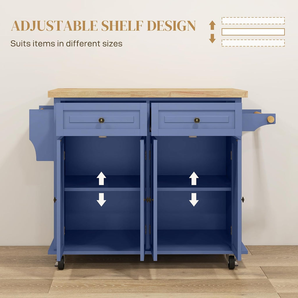 HOMCOM Kitchen Island Cart with Solid Wood Top, 44' Mobile Kitchen Island Table on Wheels with Storage Cabinets, 2 Drawers, Adjustable Shelves, Spice Rack & Towel Bar for Dining Room, Navy Blue