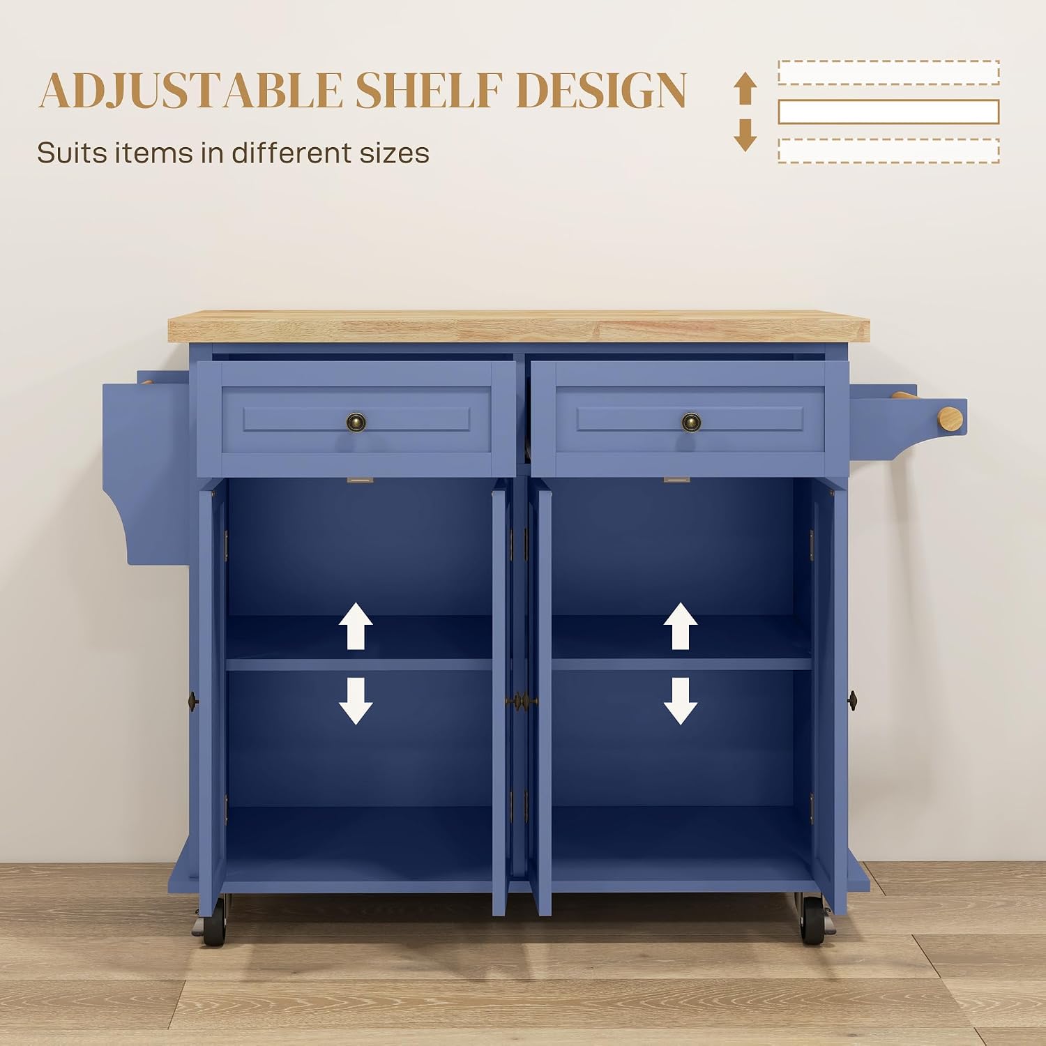 HOMCOM Kitchen Island Cart with Solid Wood Top, 44' Mobile Kitchen Island Table on Wheels with Storage Cabinets, 2 Drawers, Adjustable Shelves, Spice Rack & Towel Bar for Dining Room, Navy Blue