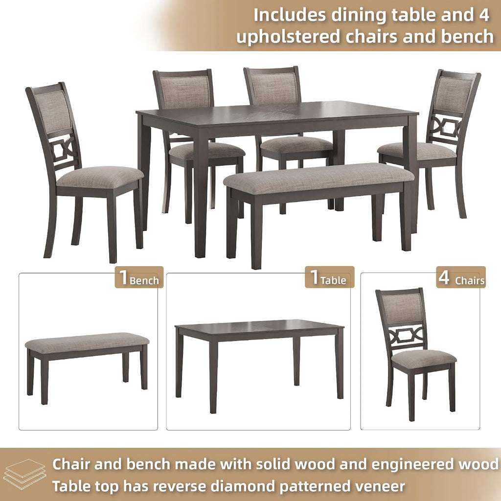Signature Design by Ashley Wrenning Diamond Patterned Dining Table Set, 4 Upholstered Chairs and Bench, Seats 6, Wood, Gray