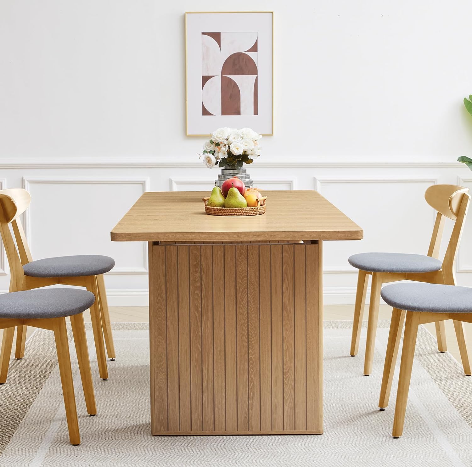 55 in–71 in Extendable Rectangular Dining Table for 4–6, Modern Farmhouse Expandable Kitchen Table with Carved Line Base, Wooden Dinner Table for Kitchen Living Room Home Office (Natural)