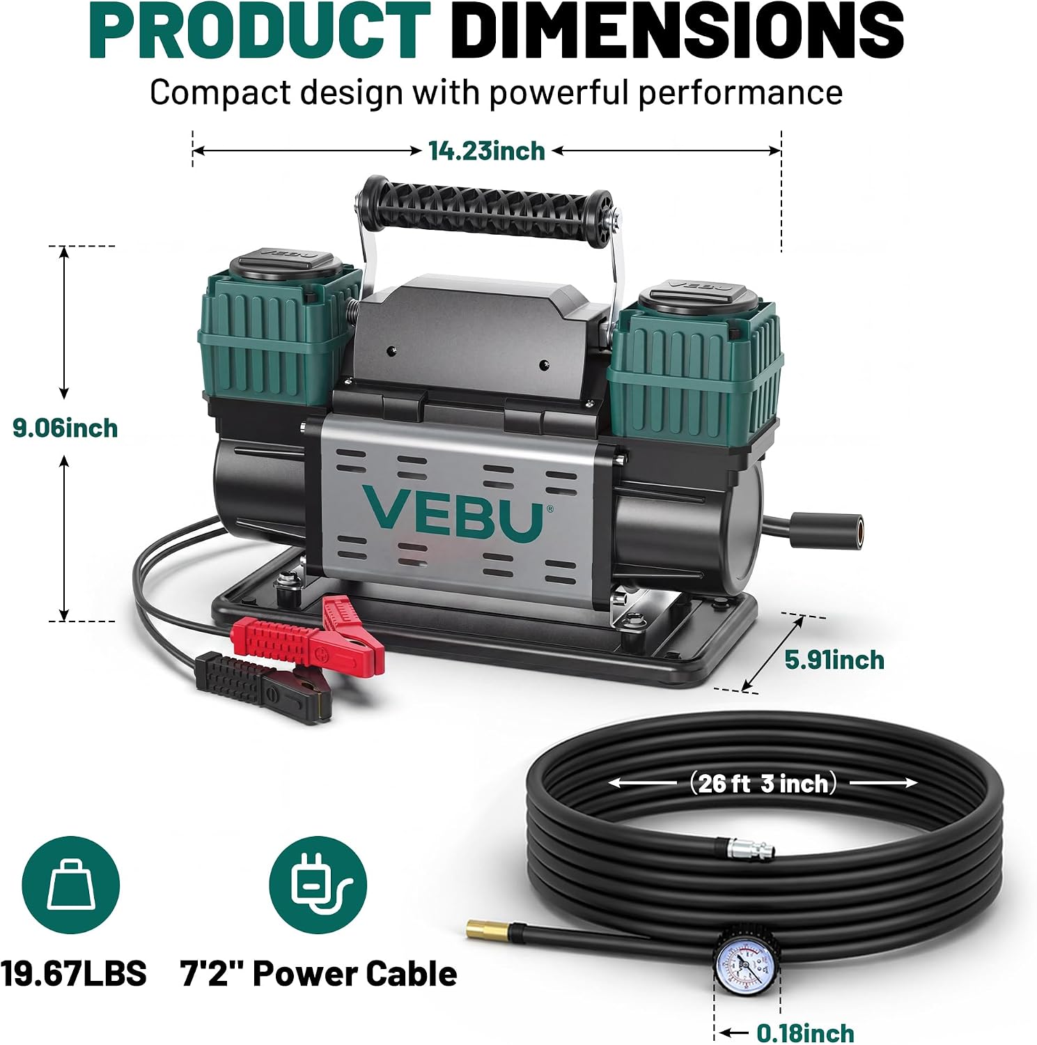 Heavy Duty Air Compressor 12V Tire Inflator, Dual Cylinder 125PSI with In-line Pressure Gauge, 10.6CFM Fast Inflation for Off-road Vehicles, Trucks, SUVs, RVs, ATVs, DC Power, Corded Electric