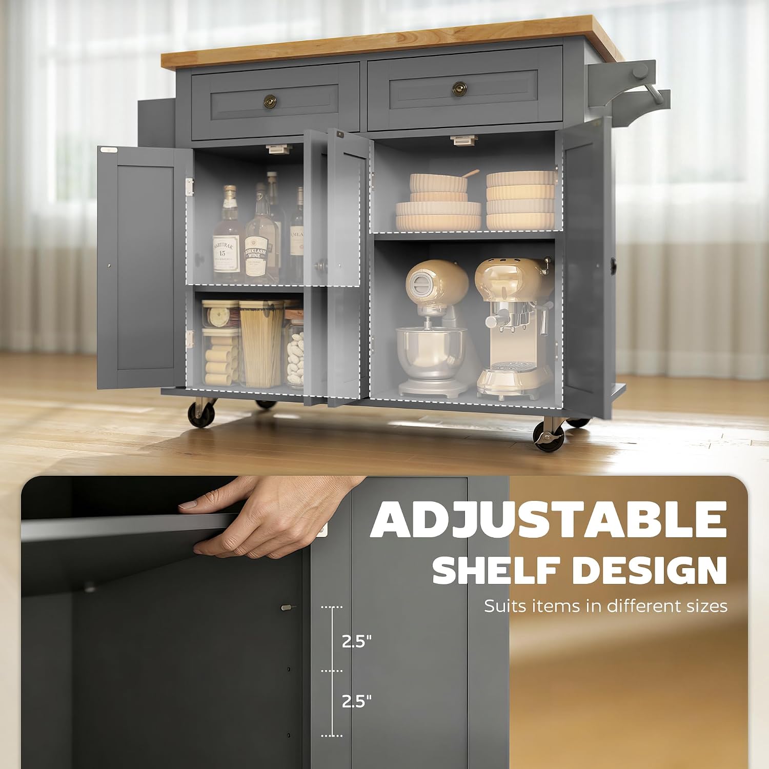HOMCOM Kitchen Island Cart with Rubber Wood Top, Rolling Kitchen Island Table on Wheels with Drawers, Adjustable Shelves, Spice Rack and Towel Rack for Dining Room, Gray