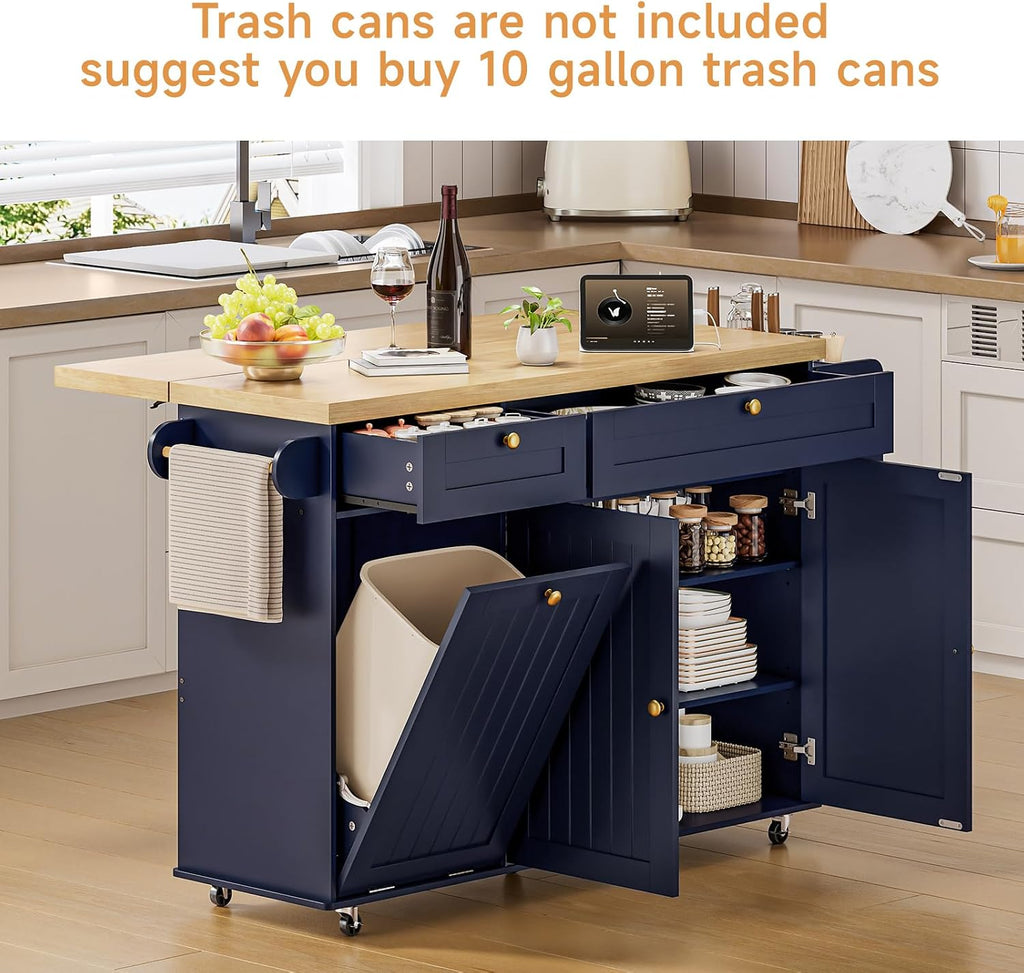 ONBRILL 60' Kitchen Island with Power Outlet & Drop Leaf, Mobile Storage Island with Spice Rack & Towel Rack, 4 Levels, Blue