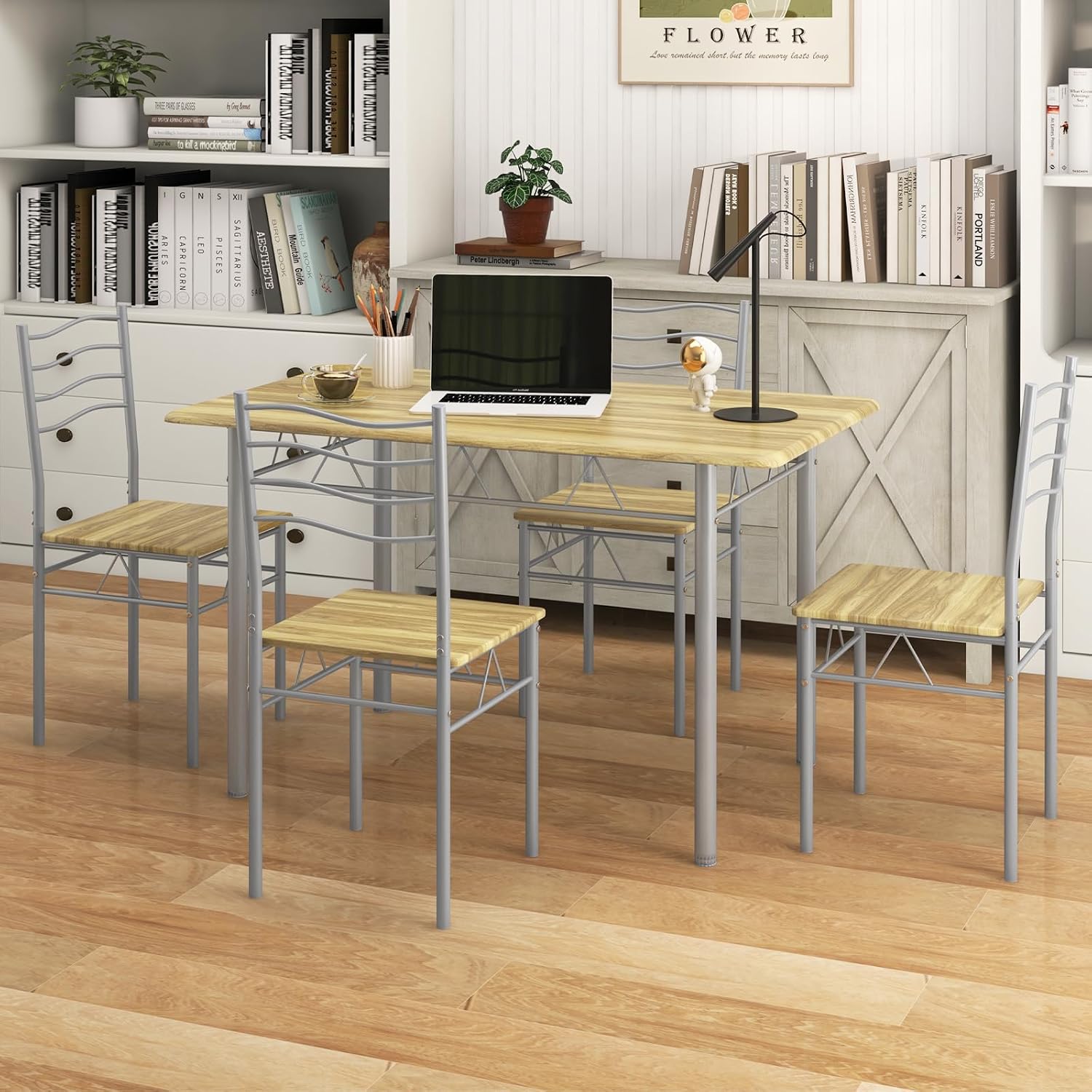 Giantex 47-inches Dining Table Set for 4, Rectangular Kitchen Table with 4 Dining Chairs, Metal Frame, 5-Piece Space-Saving Dinette Set for Small Space, Dinner, Breakfast Nook, Apartment, Natural