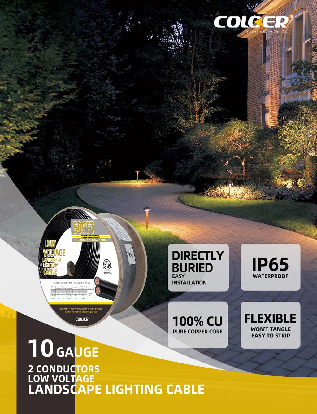 COLOER 500ft 10/2 Low Voltage Landscape Lights Wire Stranded PVC Cord Pure Copper Cable 10 Gauge 2 Conductor Tangle Free Outdoor Landscape Lighting Direct Burial Electrical Cable