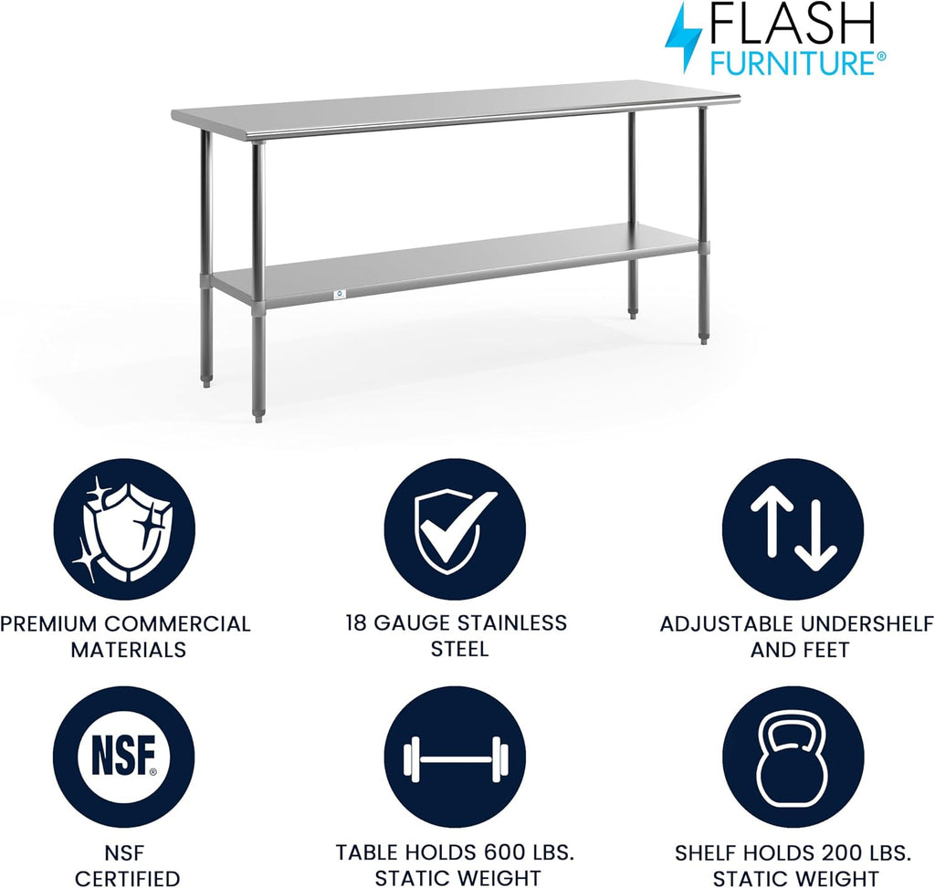 Flash Furniture Reader NSF Certified Stainless Steel Kitchen Prep and Work Table, Commercial Work Table with Undershelf Storage, Silver