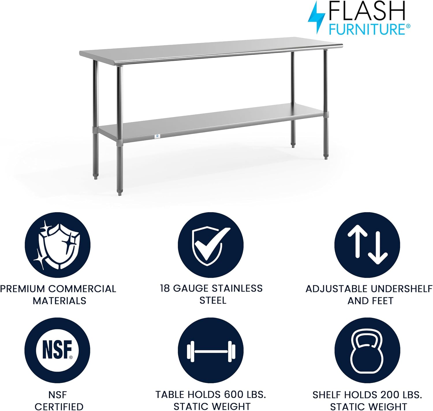 Flash Furniture Reader NSF Certified Stainless Steel Kitchen Prep and Work Table, Commercial Work Table with Undershelf Storage, Silver