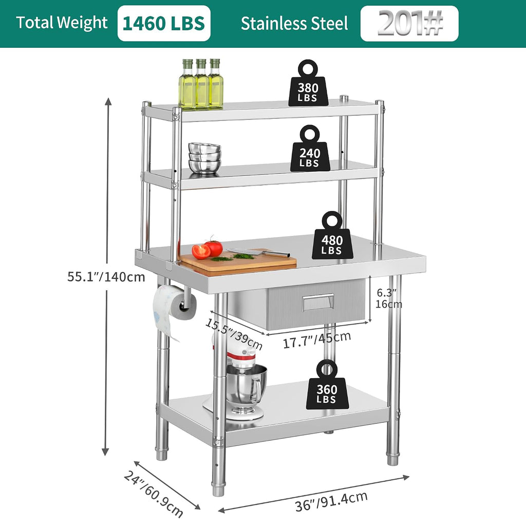 YITAHOME Stainless Steel Adjustable Work Table with 36' 12' Shelf, Overshelves & Drawer - NSF Metal Prep Table for Kitchen, Home, Restaurant & More