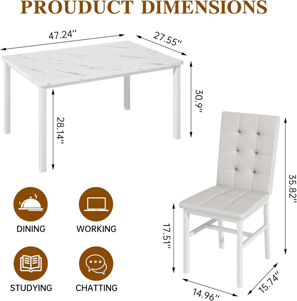 AWQM Dining Table Set for 4,Faux Marble Kitchen Table and Chairs Set of 4, Modern Dining Room Table Set for 4,Dinner Table with 4 Leather Chairs, Dinette Set for Small Spaces,White