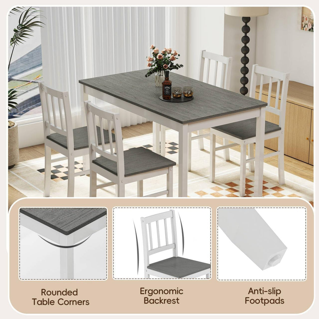 5-Piece Dining Table Set for 4, Solid Wood Farmhouse Rectangular Kitchen Table Set with 4 Chairs, Space-Saving Wooden Dinette Set for Small Space, Dining Room, Breakfast Nook, Grey & White