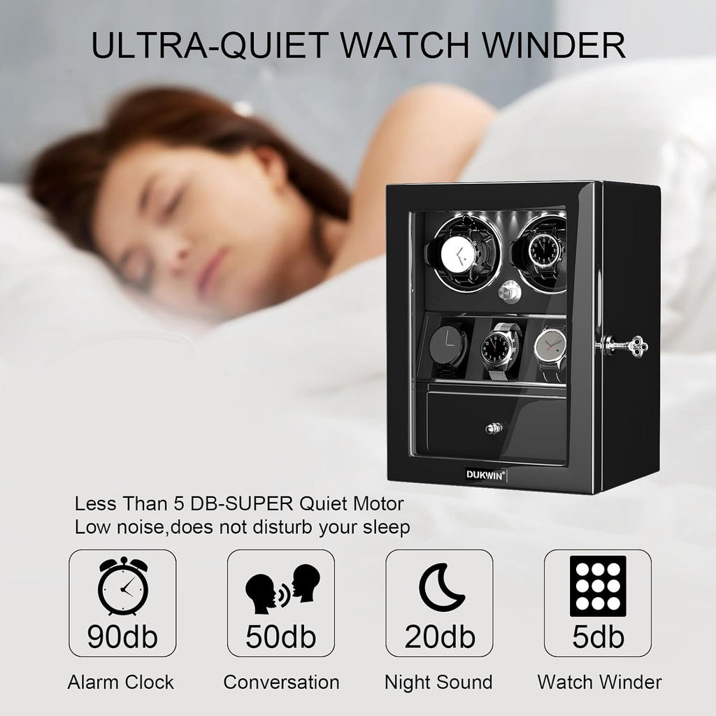 DUKWIN Watch Winder for 4/6/8 Automatic Watches, Lockable Winders with Watch Holders and Jewelry Storage, Super Quiet Motor with High-Gloss Finish, Built-in Illumination