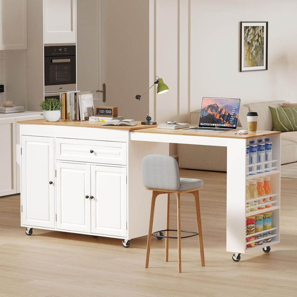 83' Expandable Kitchen Island on Wheels with Storage & Dining Table, Mobile Kitchen Cart with Cabinet, 3 Shelves & Drawers, Black (Extends from 48.4' to 82.6') (White)