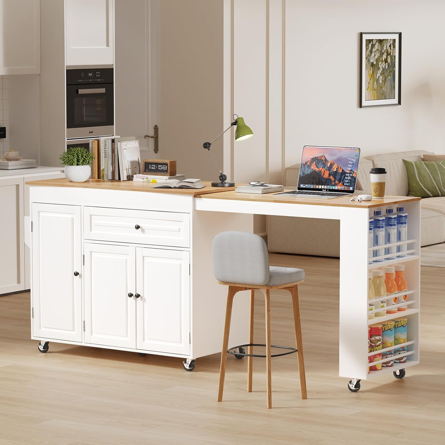 83' Expandable Kitchen Island on Wheels with Storage & Dining Table, Mobile Kitchen Cart with Cabinet, 3 Shelves & Drawers, Black (Extends from 48.4' to 82.6') (White)