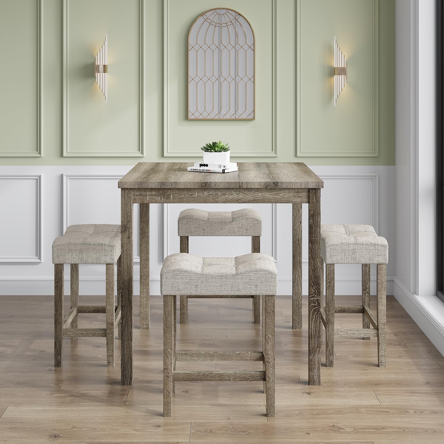 allamazing 5-Piece Counter Dinner Height Table Set, Indoor Modern Rectangular Dining Table Furniture Set for Kitchen, 35 inch Dining Table with 4 stools (1+4 Natural)