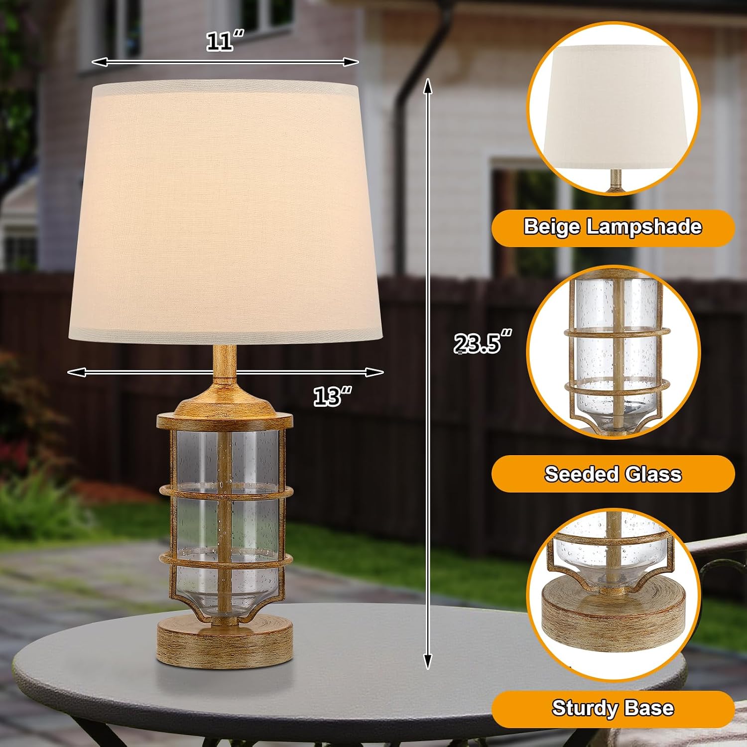 Outdoor Table Lamp, Farmhouse Lamp for Patio Table Decor with Cord, Rustic Table Light with Seeded Glass, 23.5' Plug-in Outdoor Lamps for Patio Waterproof, LED Bulb Included (Wood Color)