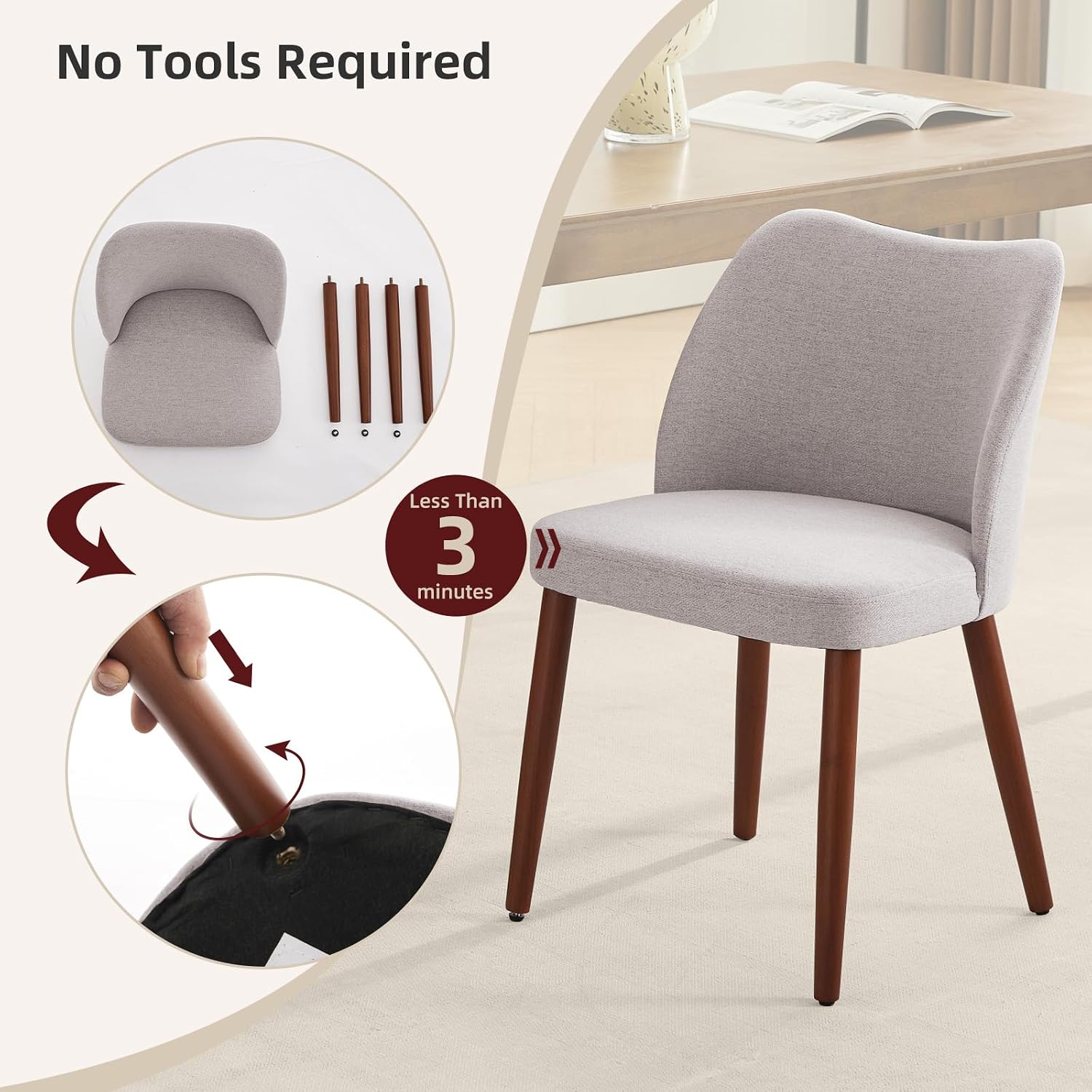 GarveeHome Linen Dining Chairs Set of 4 Upholstered Fabric Dining Chair with Wood Legs, Wing Backrest, Wooden Kitchen Chairs with Thick Cushions, Leveling Feet for Dining Room, Living Room, Light Grey