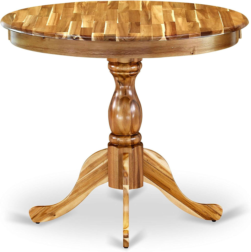 East West Furniture AMT-ANA-TP Antique Dining Room Table - a Round Kitchen Table Top with Pedestal Base, 36x36 Inch, Natural