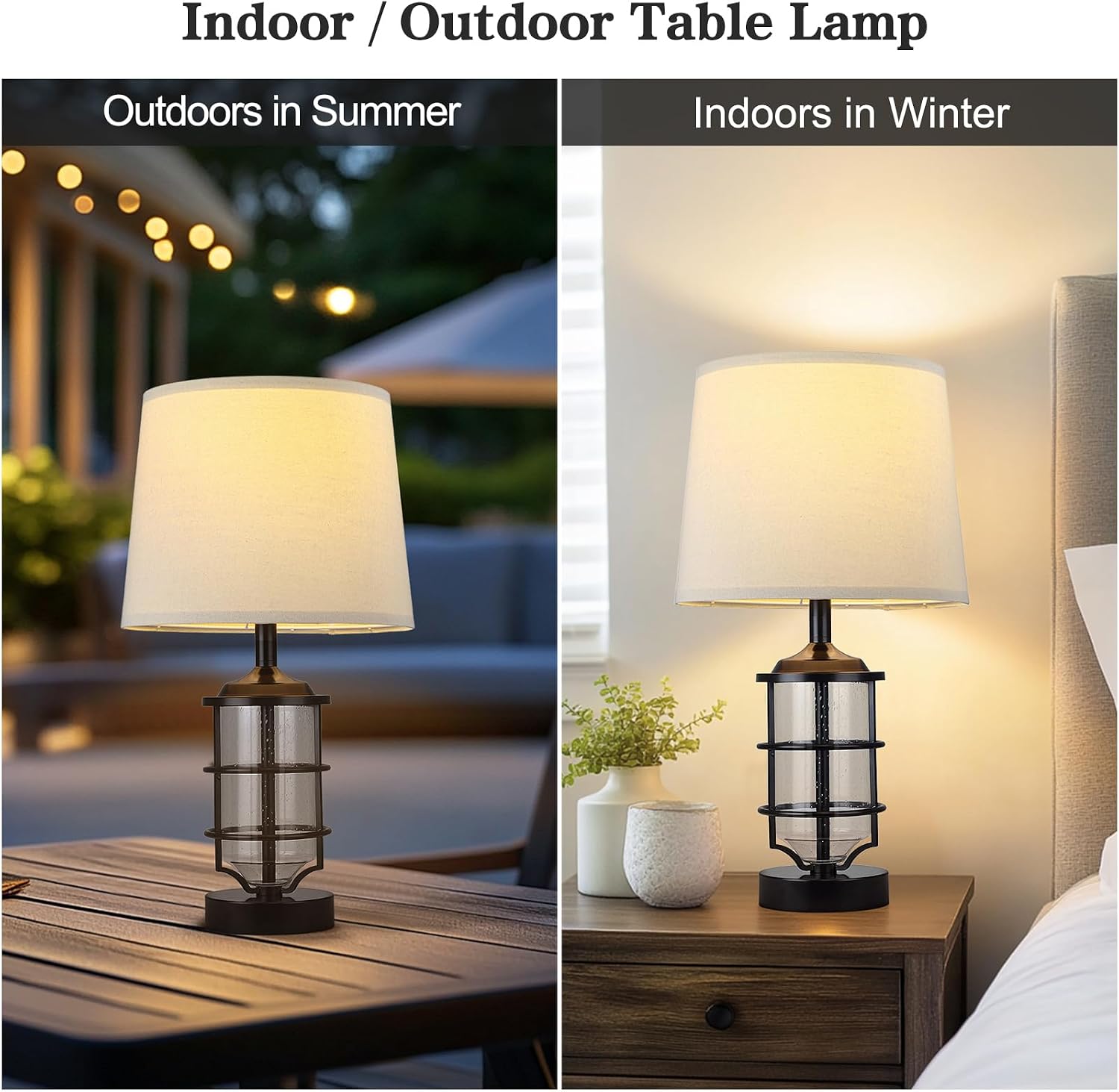 Outdoor Table Lamps Set of 2, Farmhouse Lamps for Patio Table Decor with Cord, Rustic Table Lights With Seeded Glass, 23.5' Plug-in Outdoor Lamps for Patio Waterproof, LED Bulbs Included (Black)