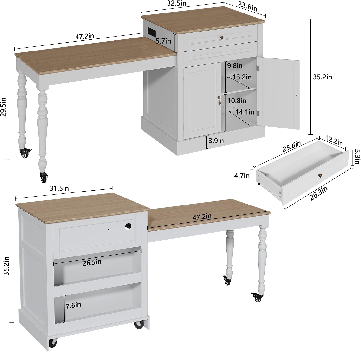 HLR 72' Kitchen Island with Extendable Table for 2-4, Island Table for Kitchen with Power Outlet and Storage Slide Out Legs, Rolling Islands Cart with 2 Doors (White)