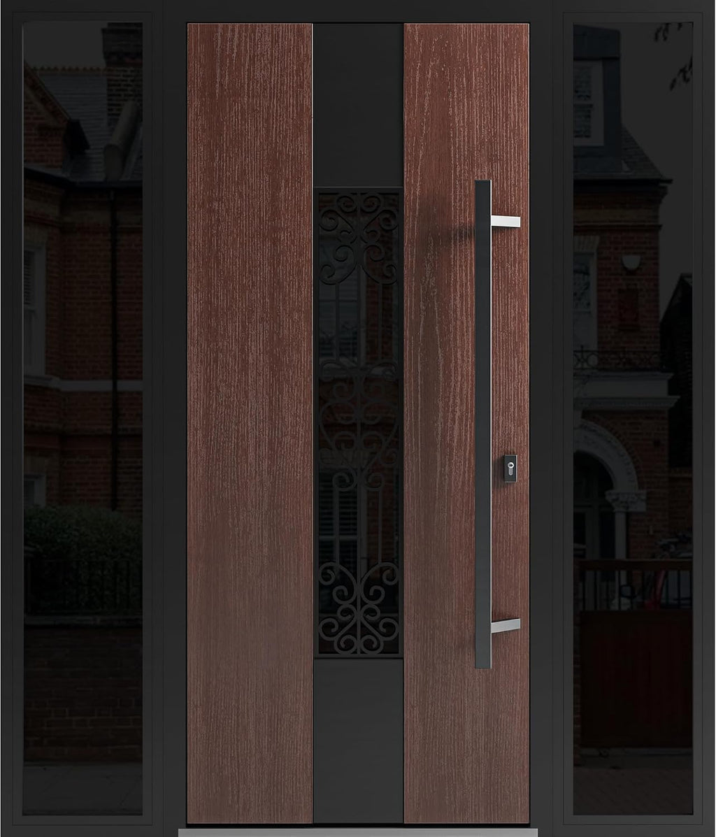 VDOMDOORS Front Exterior Prehung Steel Door/Ronex 1205 Bronze Oak / 2 Side Exterior Windows Sidelites/Entry Metal Modern Painted W12+36+12' x H80 Left Hand Inswing