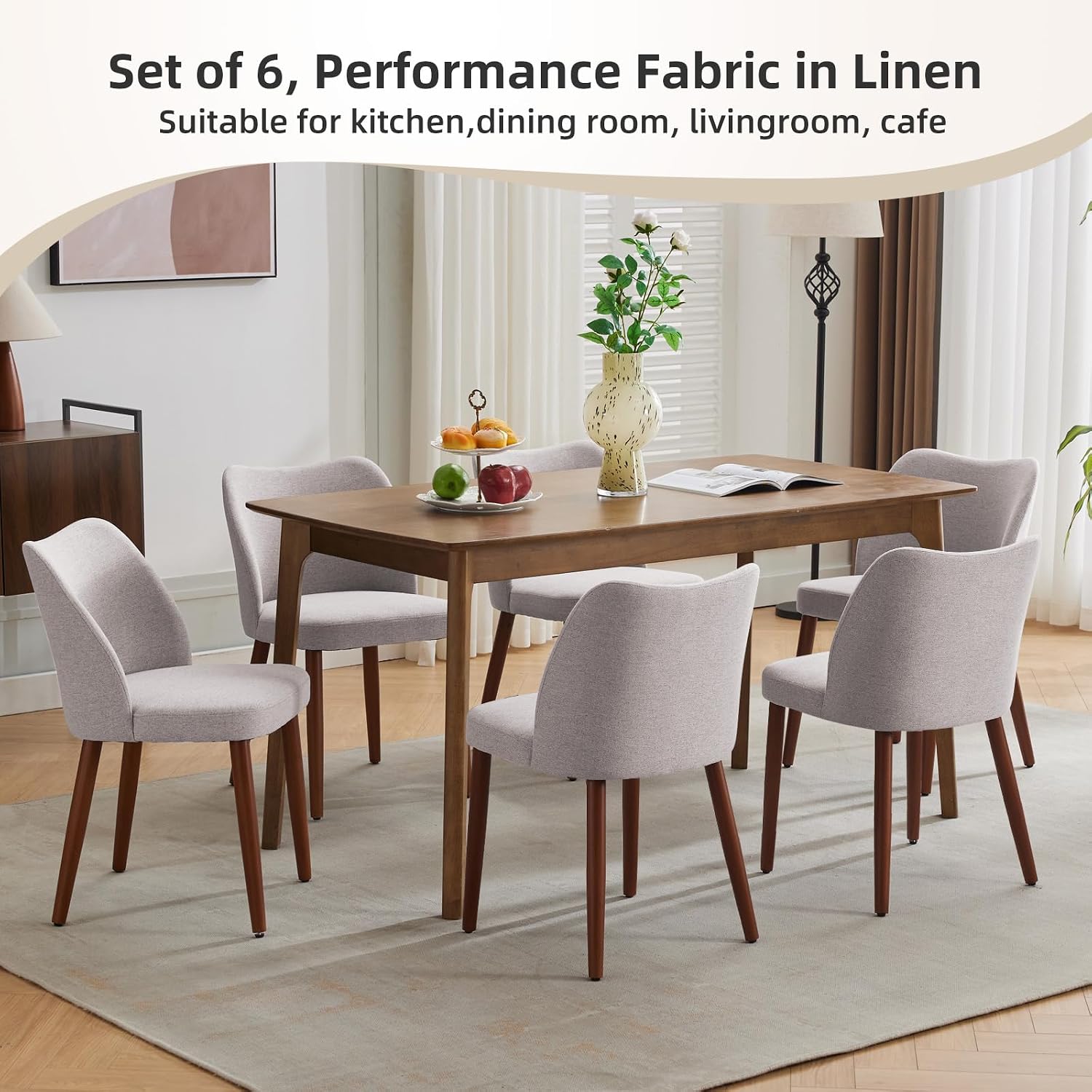 GarveeHome Linen Dining Chairs Set of 4 Upholstered Fabric Dining Chair with Wood Legs, Wing Backrest, Wooden Kitchen Chairs with Thick Cushions, Leveling Feet for Dining Room, Living Room, Light Grey