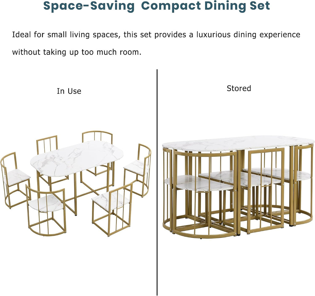 Metal 7 Piece Kitchen Dining Table Set with Chairs for Saving Space Metal Dining Room Table Set for 6 Persons, Golden White