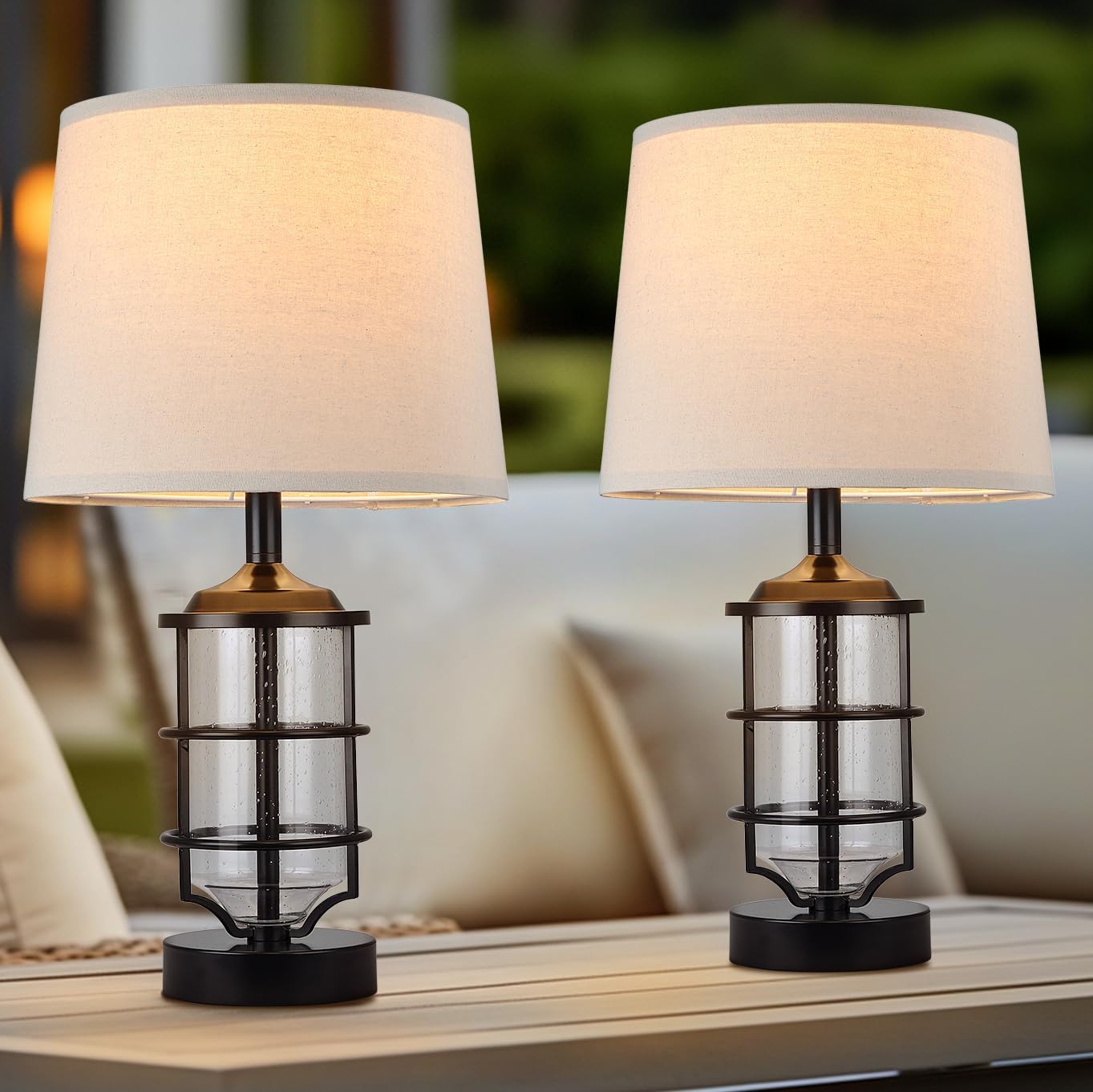 Outdoor Table Lamps Set of 2, Farmhouse Lamps for Patio Table Decor with Cord, Rustic Table Lights With Seeded Glass, 23.5' Plug-in Outdoor Lamps for Patio Waterproof, LED Bulbs Included (Black)