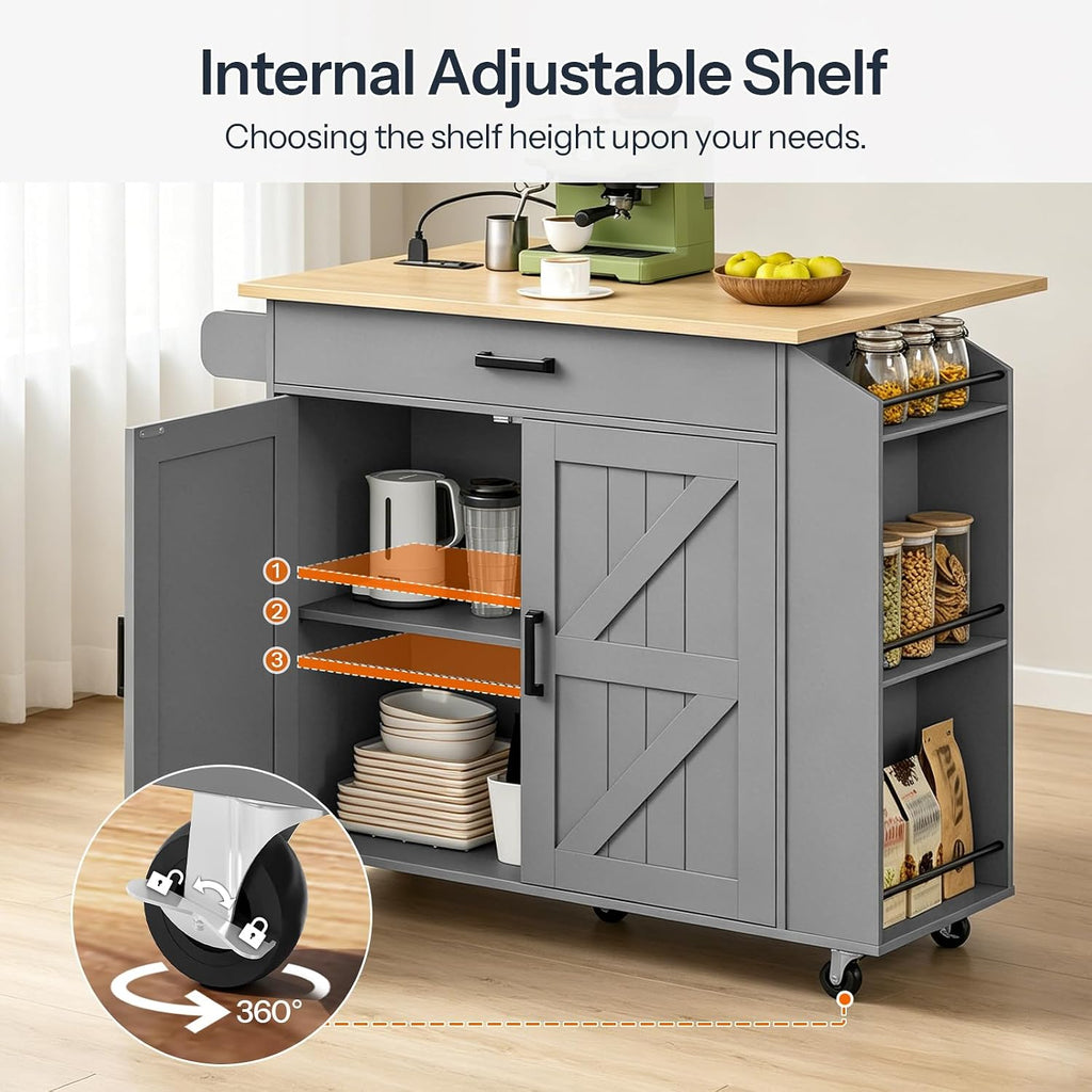 HOOBRO Kitchen Island with Drop Leaf Countertop & Power Outlet, Rolling Island Cart on Wheels, Kitchen Cart with Drawer & Spice Rack, Mobile Island Table for Kitchen, Natural and Grey GN86UZD01
