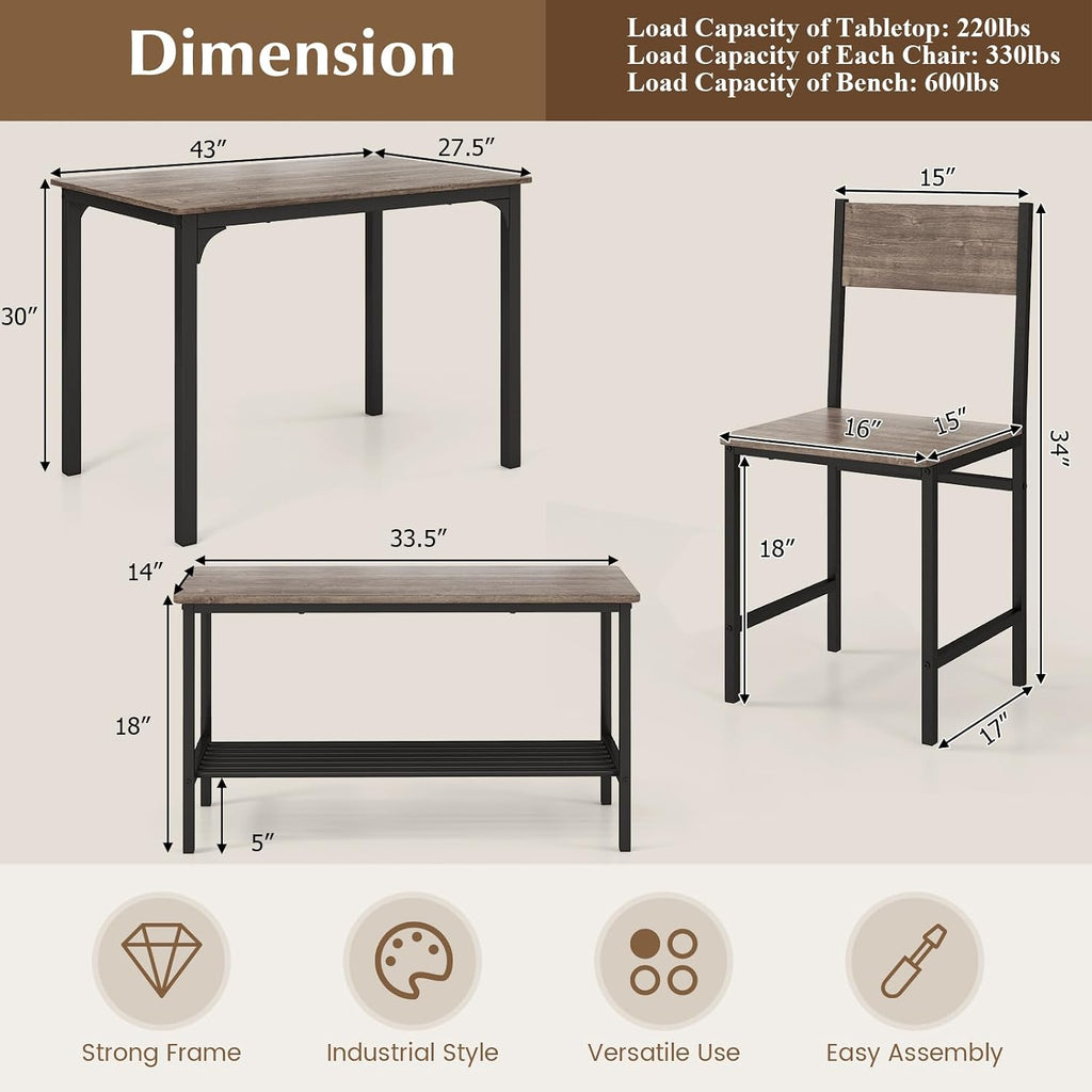 Tangkula Dining Table Set for 4, Kitchen Table and 2 Chairs for 4 with Bench, 4 Piece Dining Table Set for Small Space, Apartment